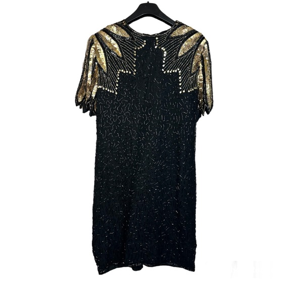 Vintage 100% Silk Sequin Beaded Gold Black 12p Midi Dress - Picture 1 of 12
